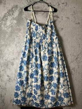 Lovelo Floral Smocked Midi Dress Blue White Cottagecore Sundress 2XL Boho New